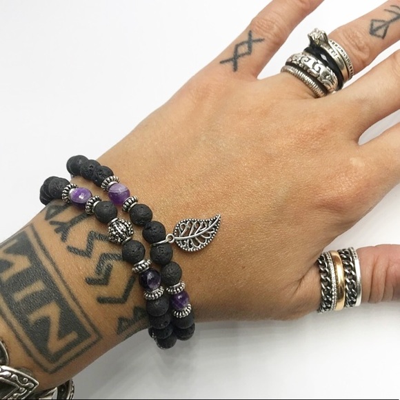 Genuine Amethyst & lava rock leaf bracelets set - Picture 4 of 9